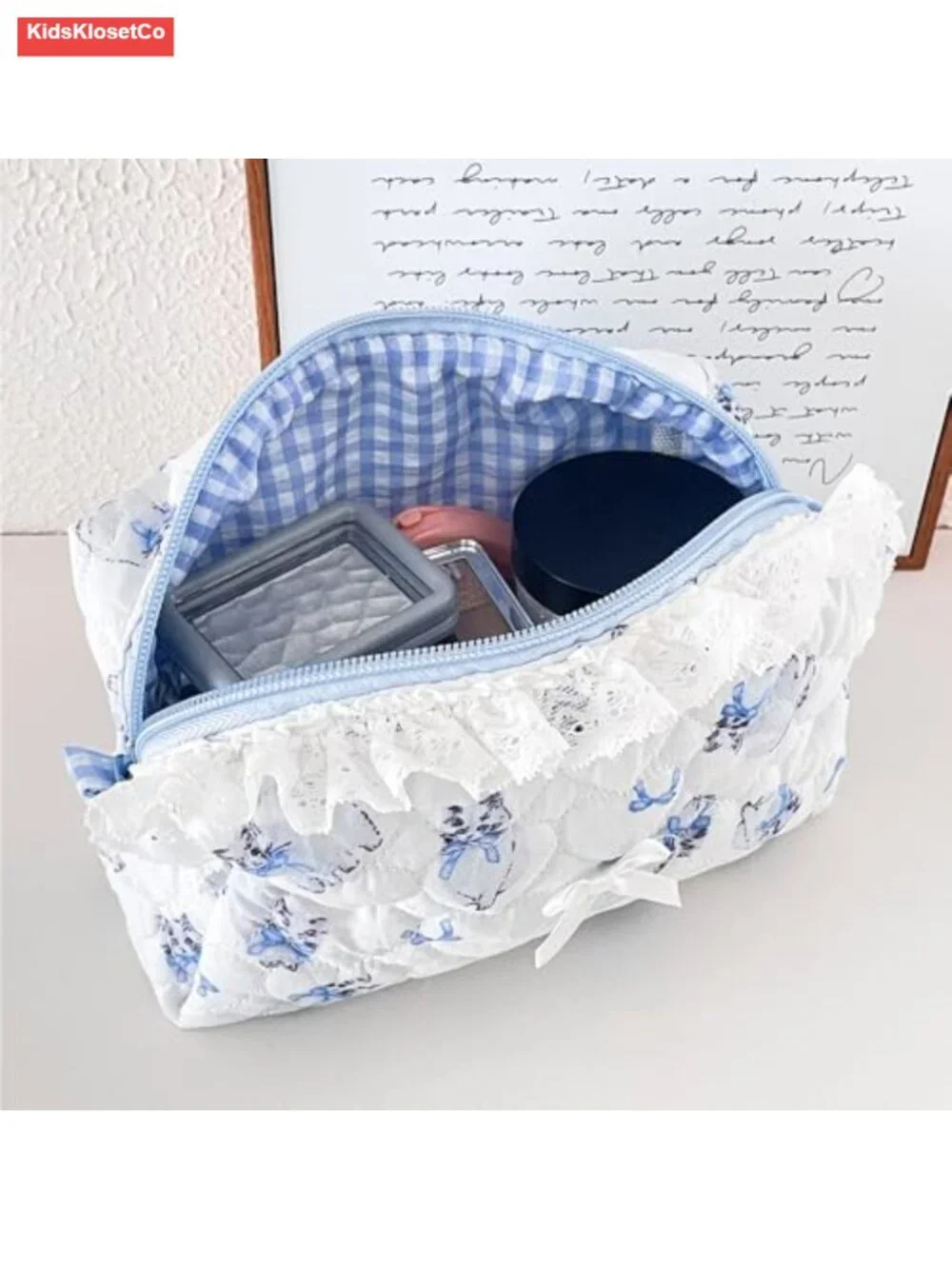 Quilted Makeup Bag Cosmetic Pouch Cute Bow Floral Travel Organizer Toiletry Bag